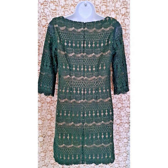 DB established 1962 Dress 4 Green Lace Overlay Tan Lining 3/4 Sleeve Back Zipper - Picture 10 of 10